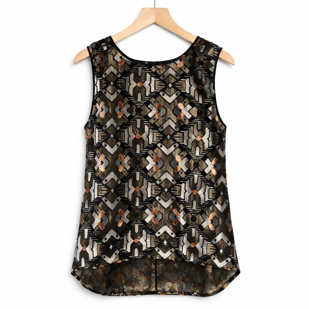 Meadow Rue Black and Brown Textured Velvety Geometric Blouse (040)